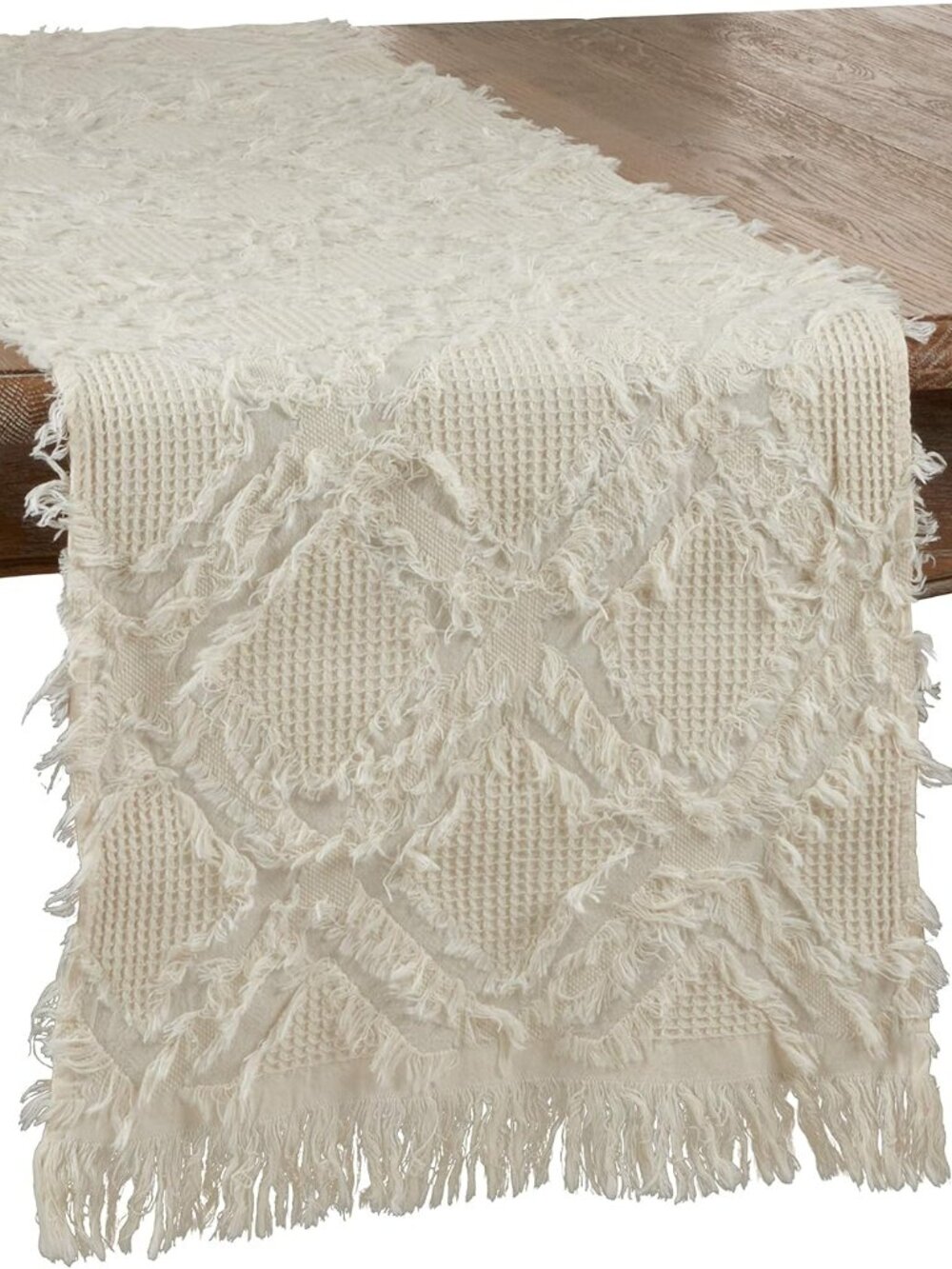 SARO 16 X 72 in. Oblong Waffle Weave Table Runner with Ivory Fringe